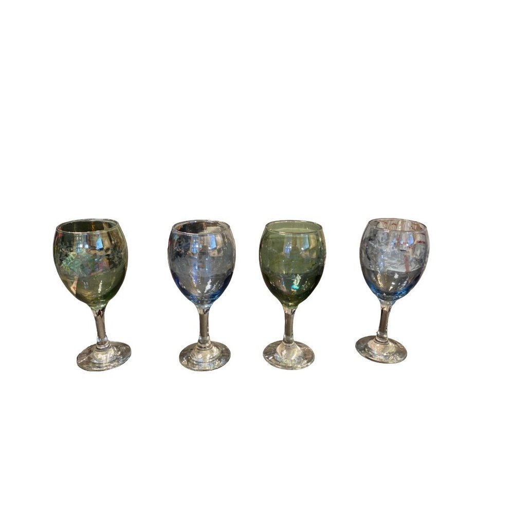 VINTAGE SET OF 4 IRREDESCENT BLUE AND GREEN ETCHED WINE GLASSES